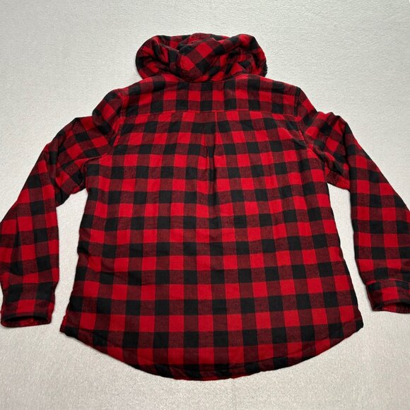 LL Bean Relaxed Fit Flannel Shacket Sherpa Lined Red/Black Plaid Hoodie Medium - Picture 9 of 12